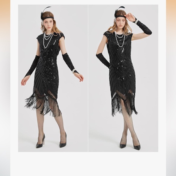 Wild Party Dresses & Skirts - Elegant Black Sequin Fringe Dress Costume with accessories size large